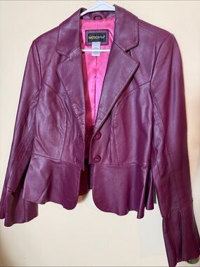 Vintage metrostyle Women's Plum Leather Blazer Jacket with Notch Lapel